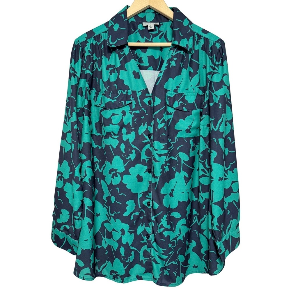 Catherines Blouse Womens 1X Teal Navy Garden Floral Button‎ Down Long Sleeve Top